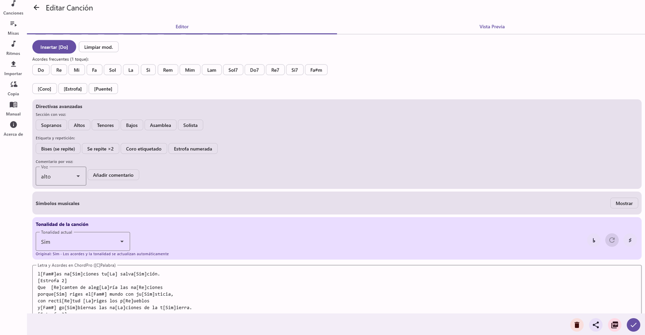 Editor de un canto en Laudate, con campos de tono, compás, tempo y adjuntos